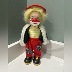 Vintage Porcelain Parade Of Clown Doll 12" Hand Painted Hobo Patchwork Outfit